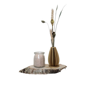 Houten Vaasje met Droogbloemen en Glaasje met Kaarsenzand - Beige